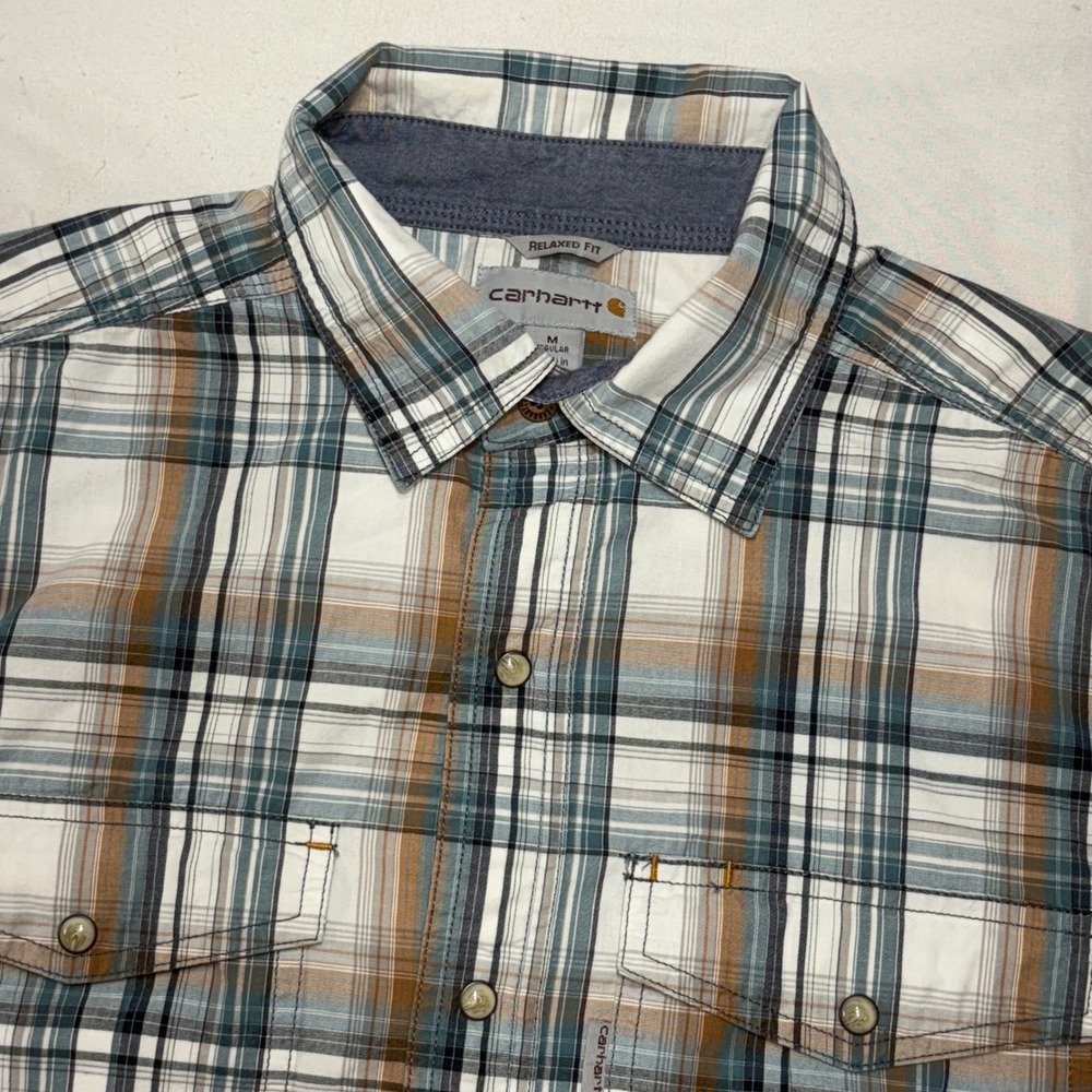 Carhartt Plaid Shirt Mens M Pearl Snap Relaxed Fit Short Sleeve Workwear Utility